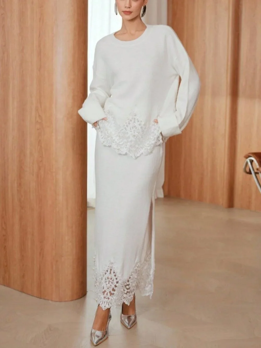 White Casual Women's LAce detailed Sweater top & Maxi Skirt Coord set